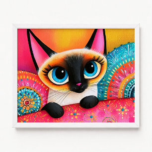 Cute Peek Roze en Oranje Siamees Kat Schilderij Poster