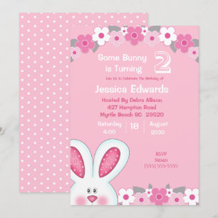 Cute Peeking Bunny Rabbit 2e verjaardag Uitnodigin