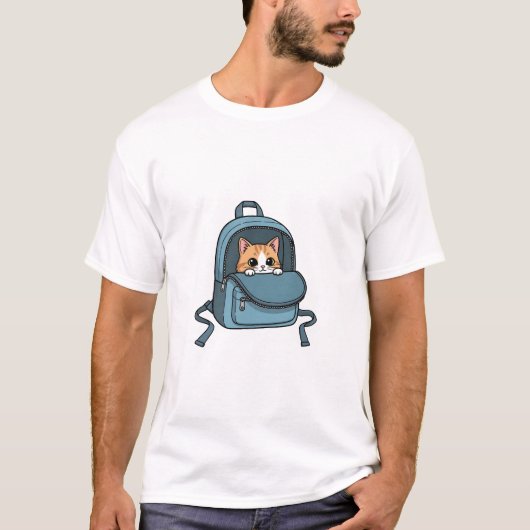 Cute Peeking Orange Tabby Cat in Blue Backpack  T-shirt (Voorkant)