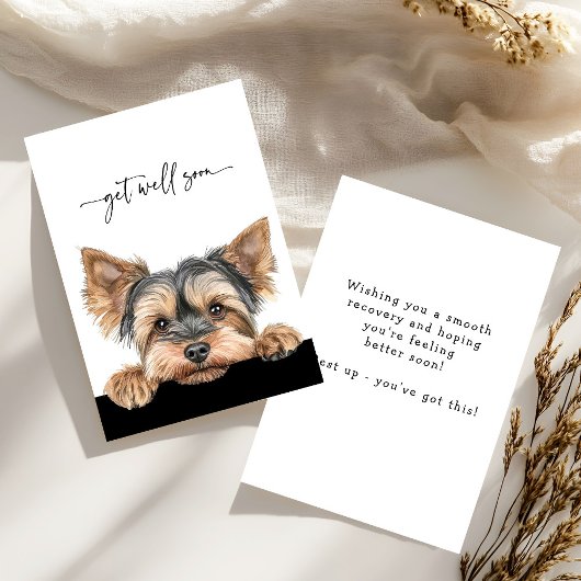 Cute Peeking Yorkie Script Get Well Soon Kaart