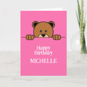 Cute Peeping Beer Cartoon Happy Birthday Pink Kaart (Voorkant)