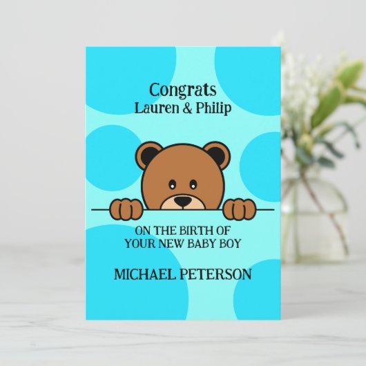 Cute Peeping Beer | CARTOON | Polka Dot | Blauw Kaart (Staand voorkant)