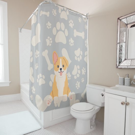 Cute Pembroke Welsh Corgi Douchegordijn (In situ)