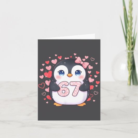 Cute Penguin 67 Six Seven Valentine Hearts 6 7 Mem Kaart (Voorkant)