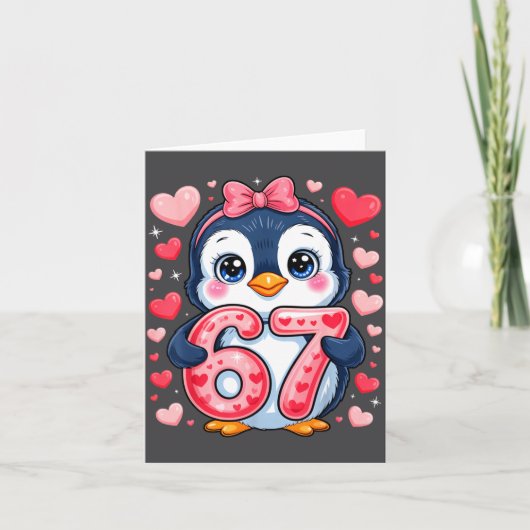 Cute Penguin 67 Six Seven Valentine Hearts 6 7 Mem Kaart (Voorkant)