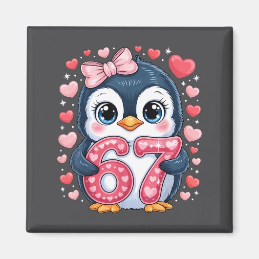 Cute Penguin 67 Six Seven Valentine Hearts 6 7 Mem Magneet (Voorkant)