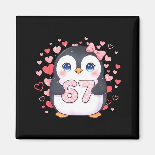 Cute Penguin 67 Six Seven Valentine Hearts 6 7 Mem Magneet (Voorkant)