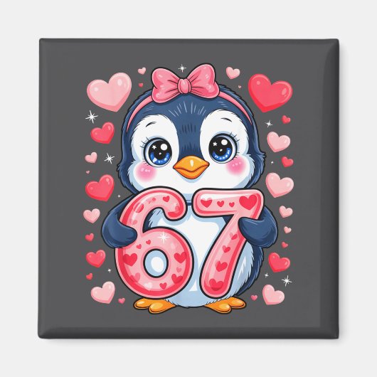 Cute Penguin 67 Six Seven Valentine Hearts 6 7 Mem Magneet (Voorkant)
