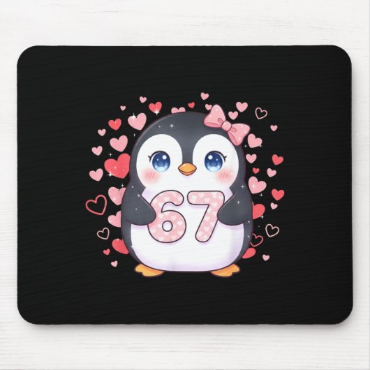 Cute Penguin 67 Six Seven Valentine Hearts 6 7 Mem Muismat (Voorkant)