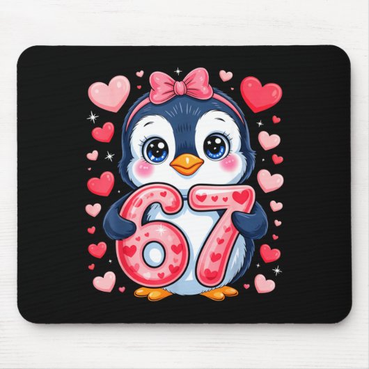 Cute Penguin 67 Six Seven Valentine Hearts 6 7 Mem Muismat (Voorkant)