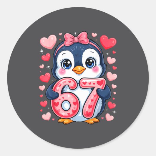 Cute Penguin 67 Six Seven Valentine Hearts 6 7 Mem Ronde Sticker (Voorkant)