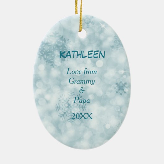 Cute Penguin Baby Blue Bokeh Keramisch Ornament (Achterkant)