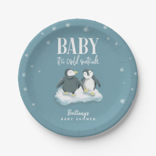 Cute Penguin Baby Het is koud buiten de blauwe dou Papieren Bordje