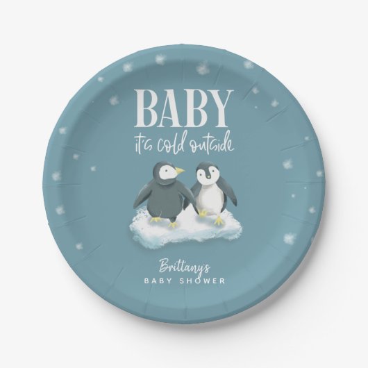 Cute Penguin Baby Het is koud buiten de blauwe dou Papieren Bordje (Voorkant)