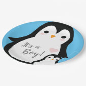 Cute Penguin Baby shower Blue Boy Papieren Bordje (Gekanteld)