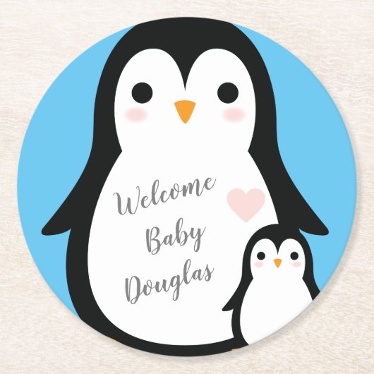 Cute Penguin Baby shower Blue Boy Ronde Kartonnen Onderzetter (Voorkant)