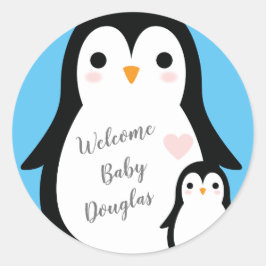 Cute Penguin Baby shower Blue Boy Ronde Sticker