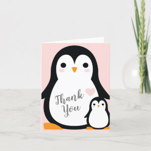 Cute Penguin Baby shower Pink Girl Bedankkaart