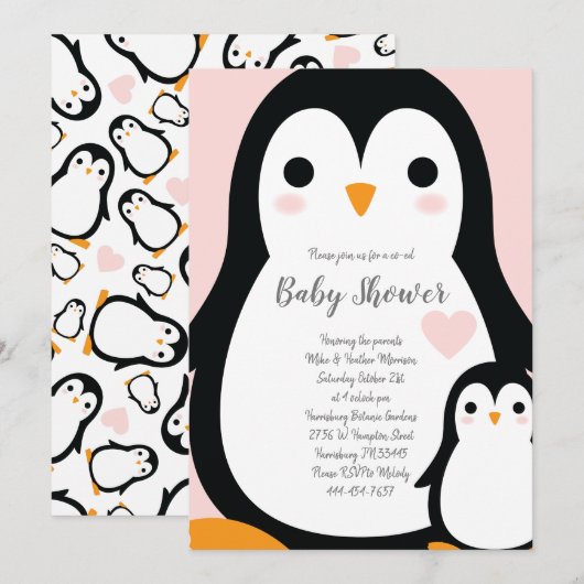 Cute Penguin Baby shower Pink Girl Kaart (Voorkant / Achterkant)
