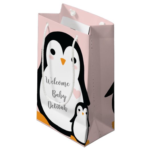 Cute Penguin Baby shower Pink Girl Klein Cadeauzakje (Voorkant Gekanteld)
