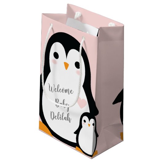 Cute Penguin Baby shower Pink Girl Klein Cadeauzakje (Achterkant Gekanteld)