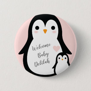 Cute Penguin Baby shower Pink Girl Ronde Button 5,7 Cm