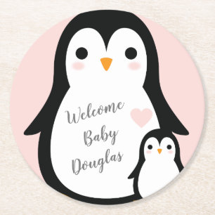Cute Penguin Baby shower Pink Girl Ronde Kartonnen Onderzetter