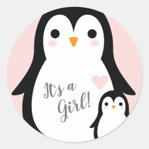 Cute Penguin Baby shower Pink Girl Ronde Sticker