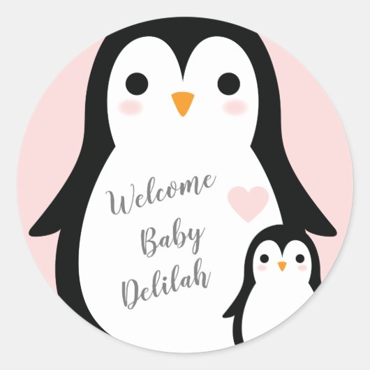 Cute Penguin Baby shower Pink Girl Ronde Sticker (Voorkant)