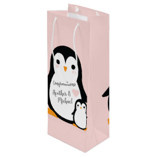 Cute Penguin Baby shower Pink Girl Wijn Cadeautas