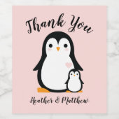 Cute Penguin Baby shower Pink Girl Wijn Etiket (Enkel label)