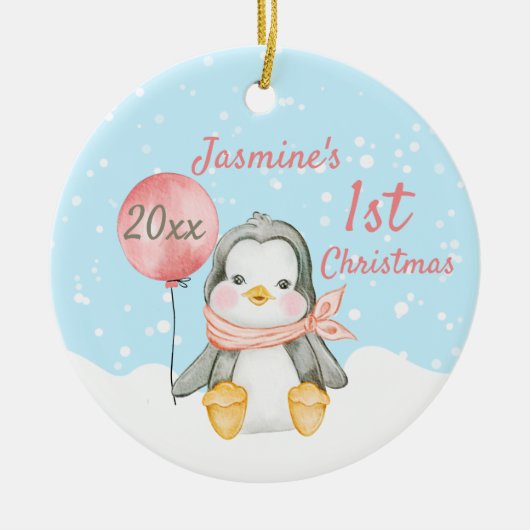 Cute Penguin Baby's eerste kerstroze Keramisch Ornament (Voorkant)