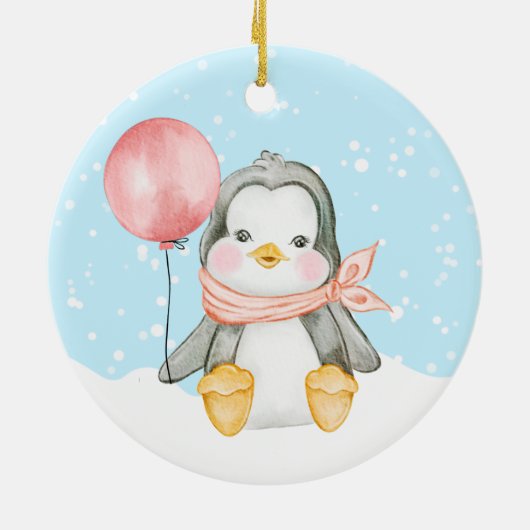 Cute Penguin Baby's eerste kerstroze Keramisch Ornament (Achterkant)