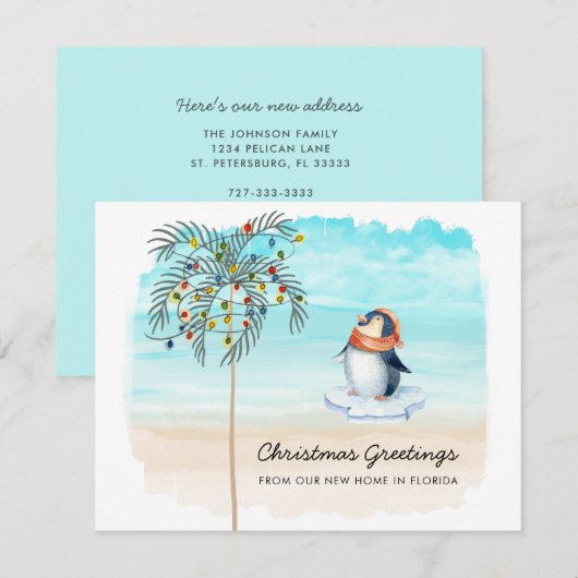 Cute Penguin Beach Scene Family Holiday Moving Aankondiging (Voorkant / Achterkant)