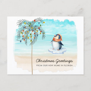 Cute Penguin Beach Scene Family Holiday Moving Aankondigingskaart
