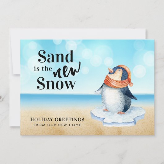 Cute Penguin Beach Scene Holiday Moving Aankondiging (Voorkant)