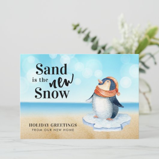 Cute Penguin Beach Scene Holiday Moving Aankondiging (Staand voorkant)
