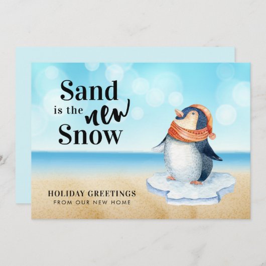 Cute Penguin Beach Scene Holiday Moving Aankondiging (Voorkant / Achterkant)