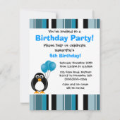 Cute Penguin Birthday Blue Stripe Party Invitation Kaart (Voorkant)