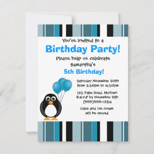 Cute Penguin Birthday Blue Stripe Party Invitation Kaart