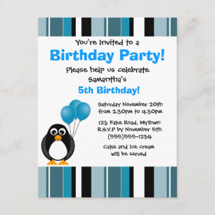 Cute Penguin Birthday Blue Stripe Party Invitation Kaart