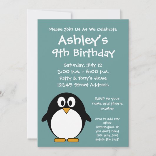 Cute Penguin Birthday Party Invitation Kaart (Voorkant)
