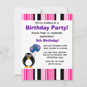 Cute Penguin Birthday Pink Paarse Party Invitation Kaart