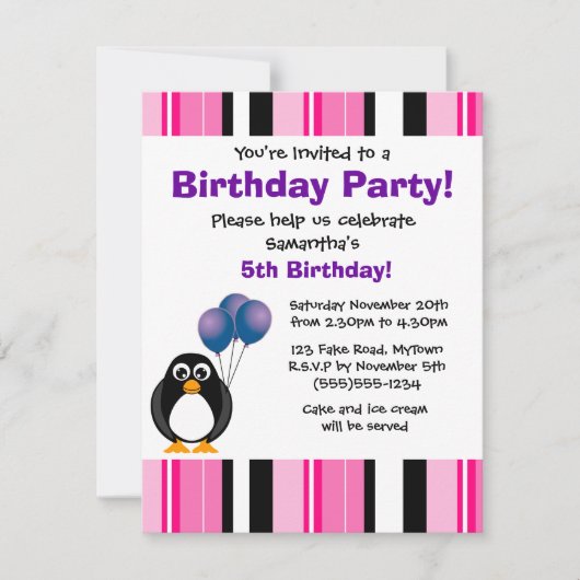 Cute Penguin Birthday Pink Paarse Party Invitation Kaart (Voorkant)