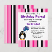 Cute Penguin Birthday Pink Paarse Party Invitation Kaart (Voorkant / Achterkant)