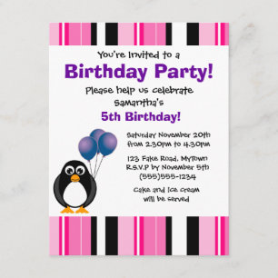 Cute Penguin Birthday Pink Paarse Party Invitation Kaart