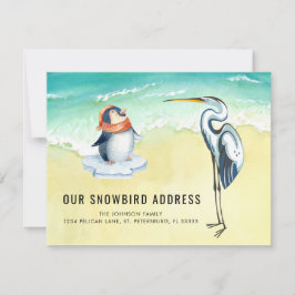 Cute Penguin Blue Heron Beach Scene New Address Aankondiging