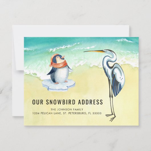 Cute Penguin Blue Heron Beach Scene New Address Aankondiging (Voorkant)