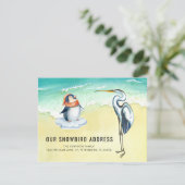Cute Penguin Blue Heron Beach Scene New Address Aankondiging (Staand voorkant)