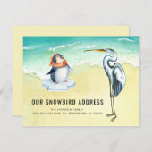 Cute Penguin Blue Heron Beach Scene New Address Aankondiging (Voorkant / Achterkant)